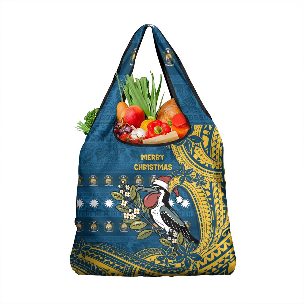 Nauru Christmas Grocery Bag Frigatebird Bird Santa Tribal Waves DT05 1-pack One Size Deep Blue - Polynesian Pride