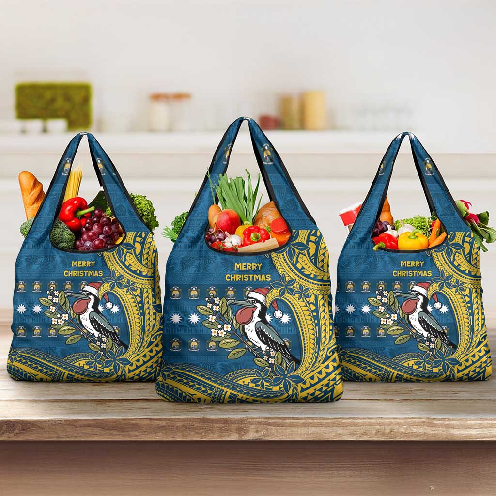 Nauru Christmas Grocery Bag Frigatebird Bird Santa Tribal Waves DT05 3-pack One Size Deep Blue - Polynesian Pride
