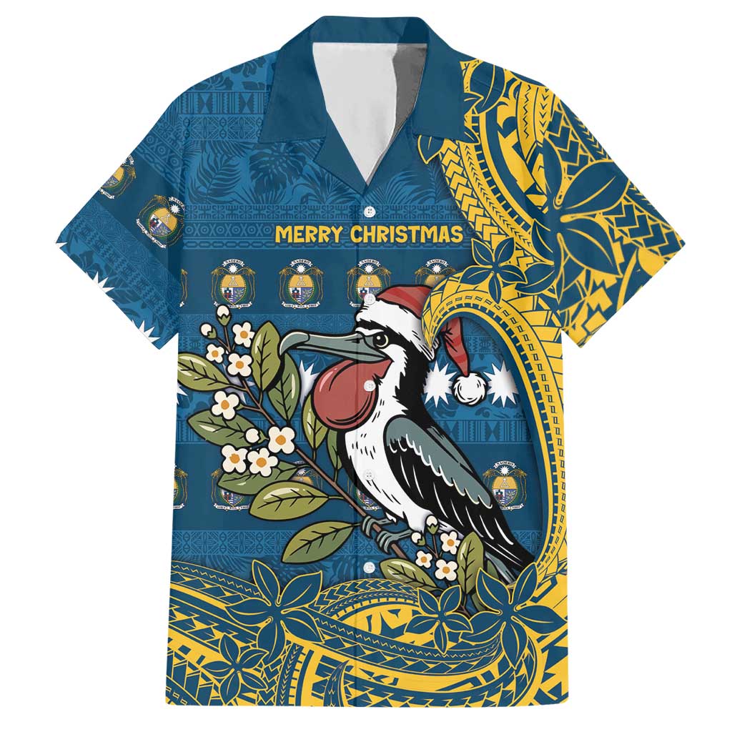 Nauru Christmas Hawaiian Shirt Frigatebird Bird Santa Tribal Waves DT05 Deep Blue - Polynesian Pride