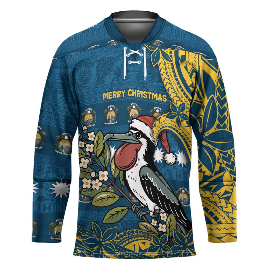 Nauru Christmas Hockey Jersey Frigatebird Bird Santa Tribal Waves DT05 Unisex Deep Blue - Polynesian Pride