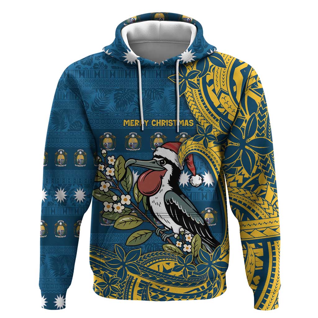 Nauru Christmas Hoodie Frigatebird Bird Santa Tribal Waves DT05 Pullover Hoodie Deep Blue - Polynesian Pride