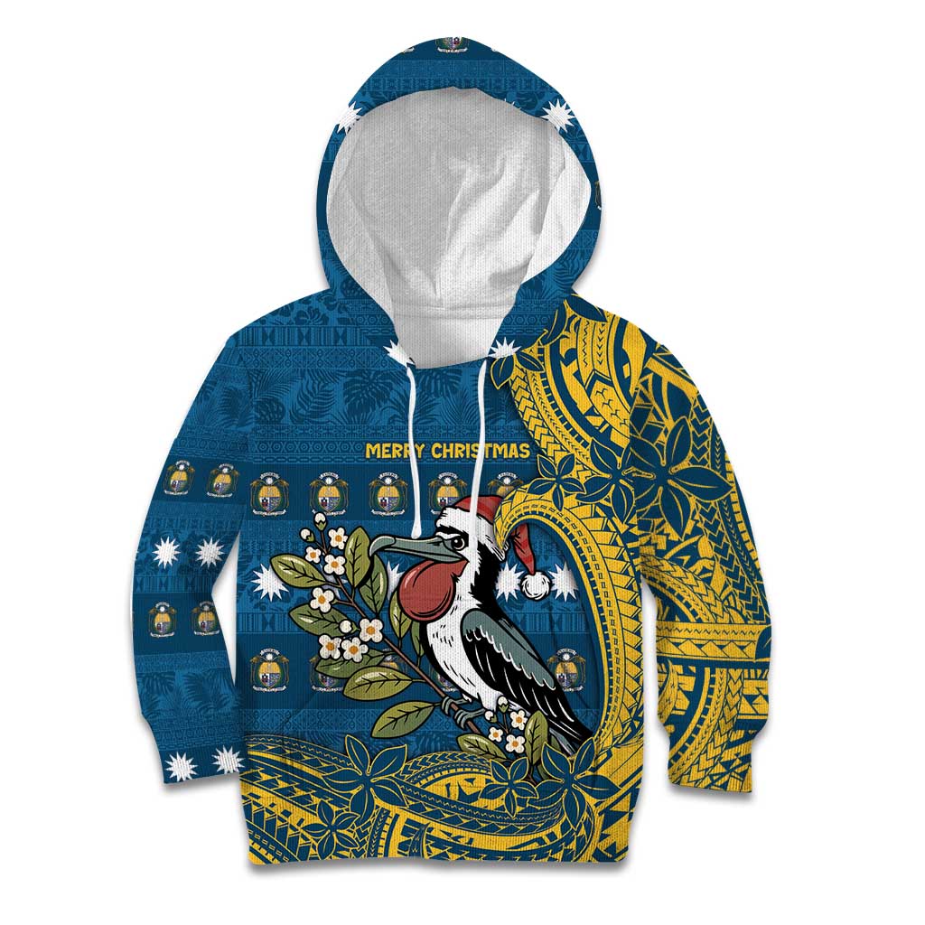 Nauru Christmas Kid Hoodie Frigatebird Bird Santa Tribal Waves DT05 Hoodie Deep Blue - Polynesian Pride
