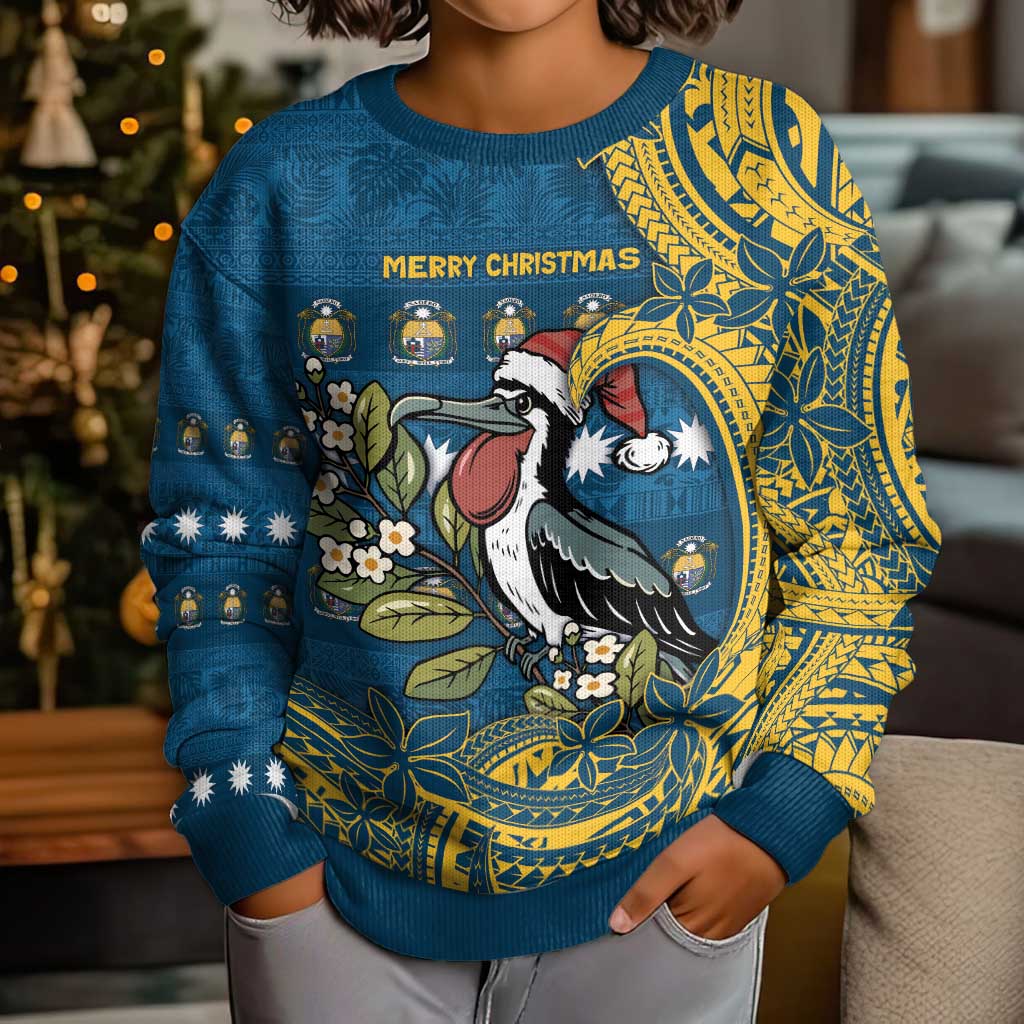 Nauru Christmas Kid Ugly Christmas Sweater Frigatebird Bird Santa Tribal Waves DT05 - Polynesian Pride