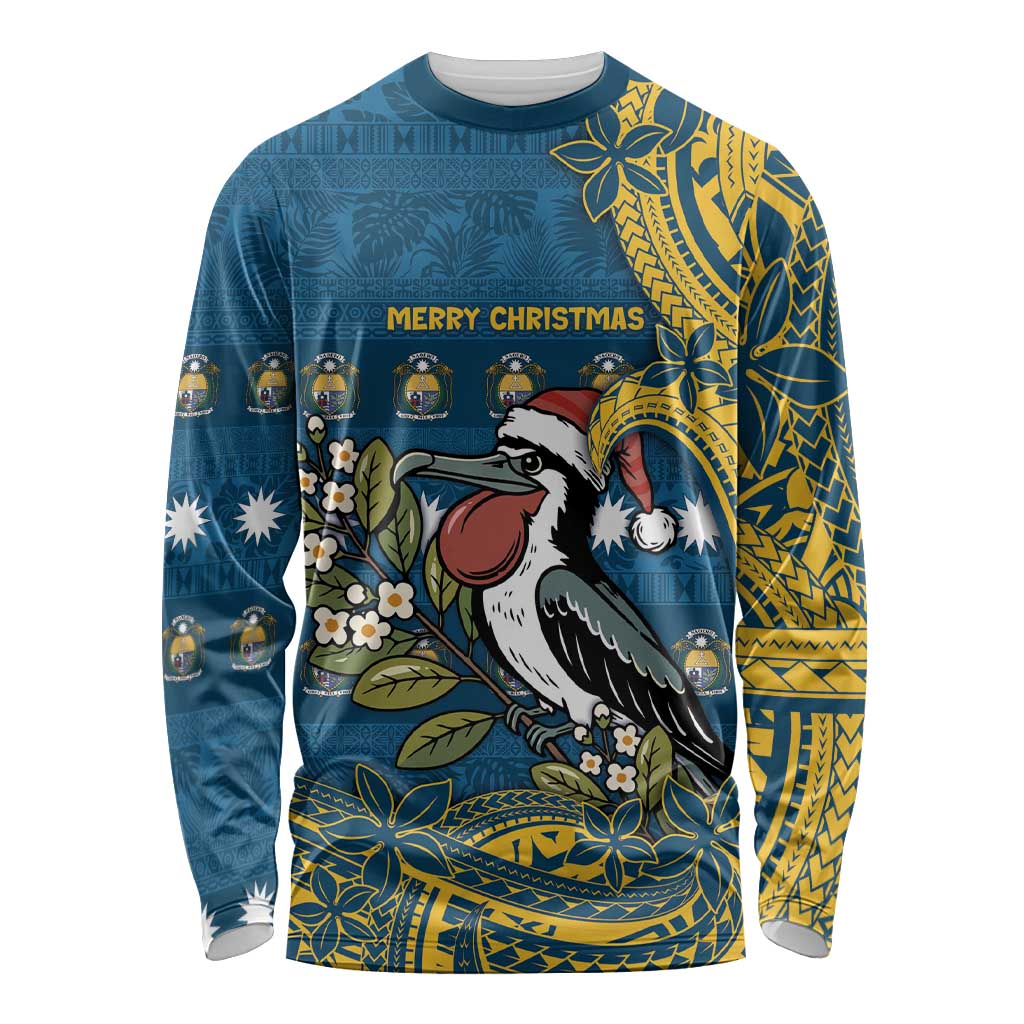 Nauru Christmas Long Sleeve Shirt Frigatebird Bird Santa Tribal Waves DT05 Unisex Deep Blue - Polynesian Pride