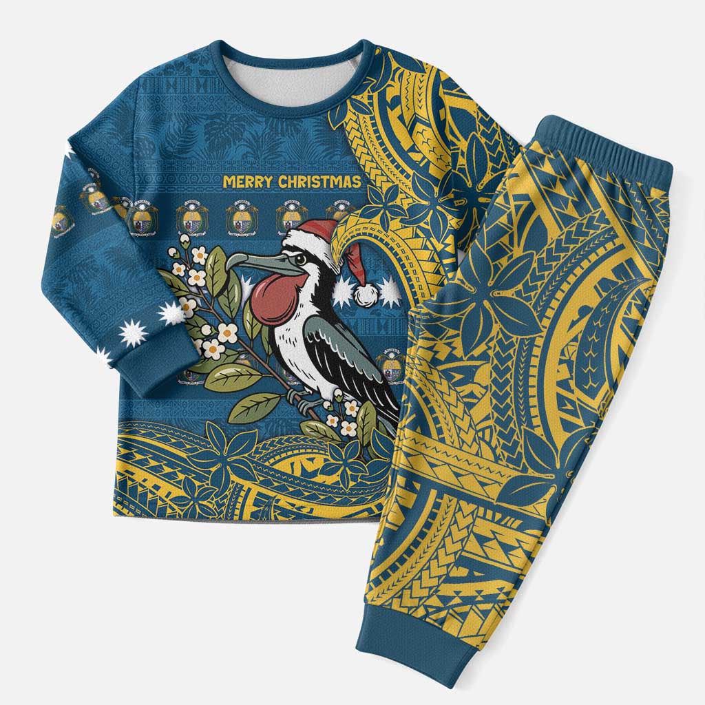 Nauru Christmas Pajama Set Frigatebird Bird Santa Tribal Waves DT05 Men Deep Blue - Polynesian Pride