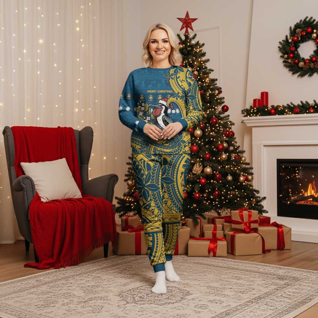 Nauru Christmas Pajama Set Frigatebird Bird Santa Tribal Waves DT05 Women Deep Blue - Polynesian Pride