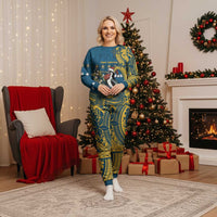 Nauru Christmas Pajama Set Frigatebird Bird Santa Tribal Waves DT05 Women Deep Blue - Polynesian Pride