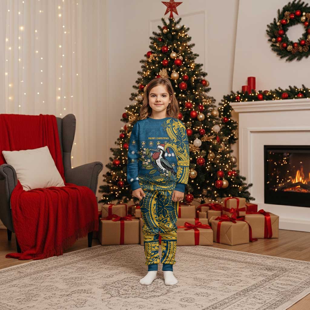 Nauru Christmas Pajama Set Frigatebird Bird Santa Tribal Waves DT05 Kid Deep Blue - Polynesian Pride