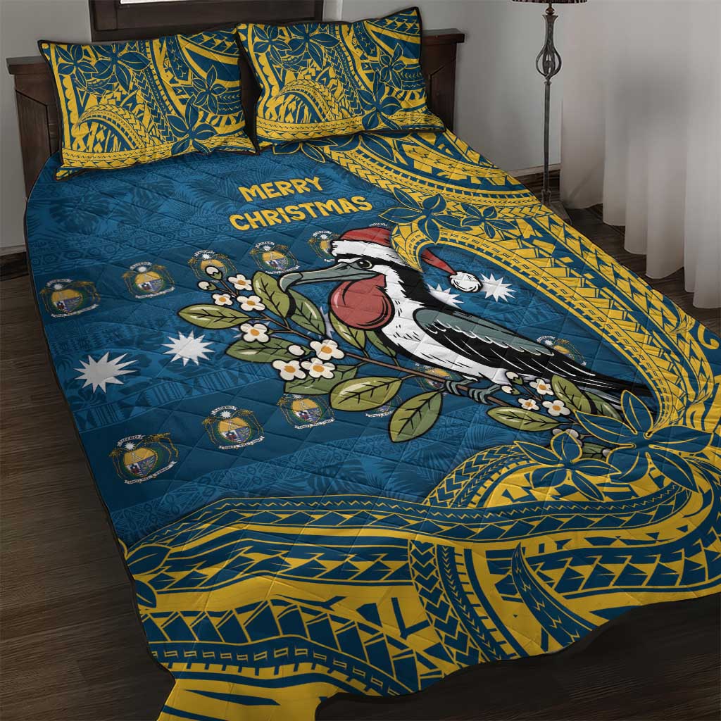 Nauru Christmas Quilt Bed Set Frigatebird Bird Santa Tribal Waves DT05 Deep Blue - Polynesian Pride