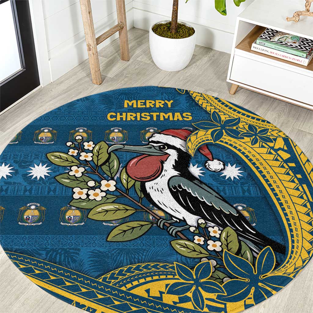 Nauru Christmas Round Carpet Frigatebird Bird Santa Tribal Waves DT05 Deep Blue - Polynesian Pride
