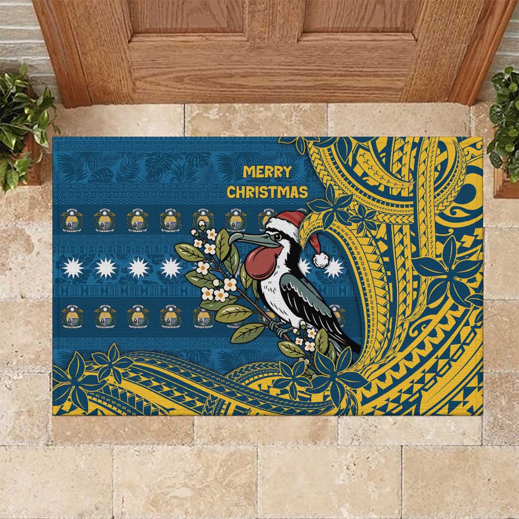 Nauru Christmas Rubber Doormat Frigatebird Bird Santa Tribal Waves DT05 Deep Blue - Polynesian Pride