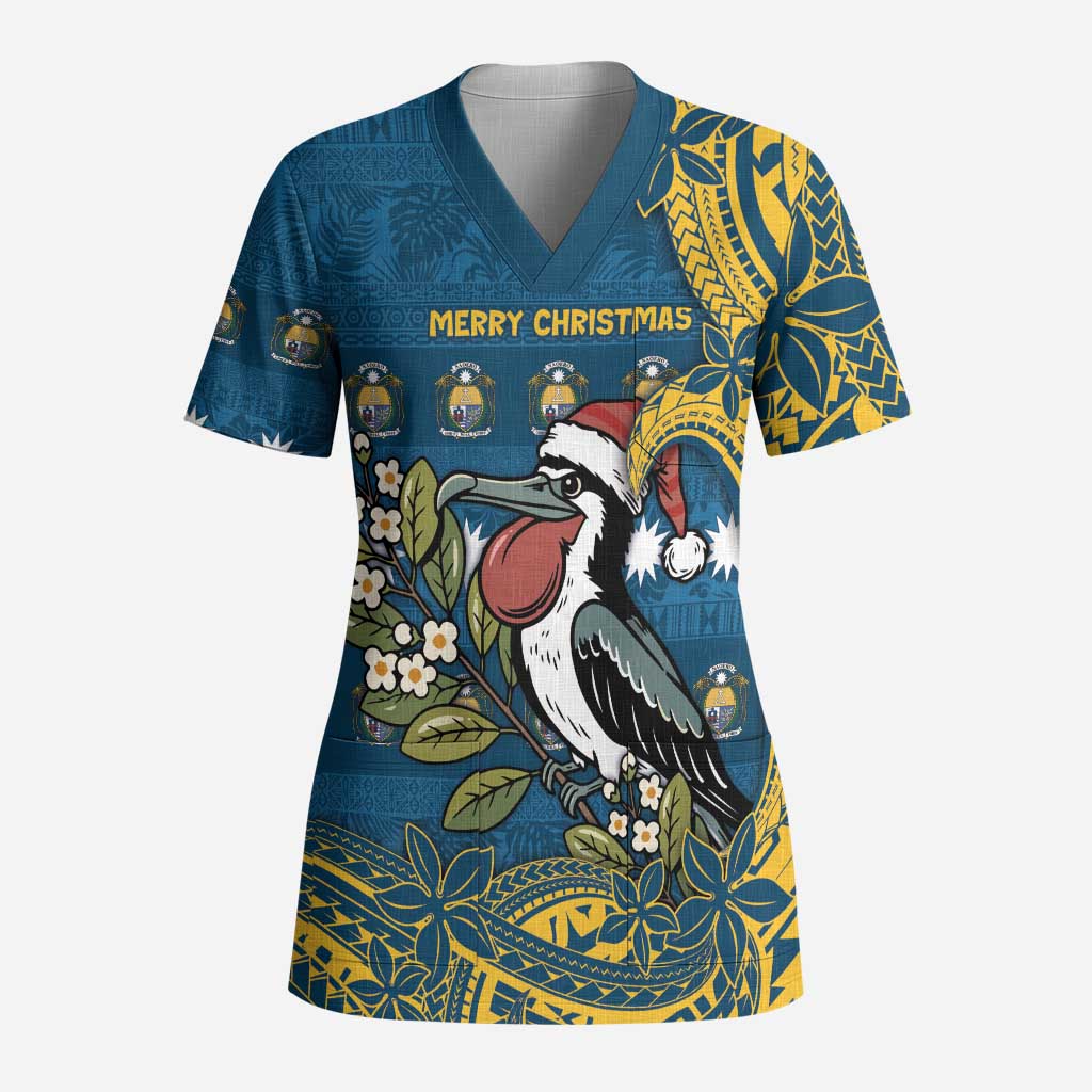Nauru Christmas Scrub Top Frigatebird Bird Santa Tribal Waves DT05 Adult Deep Blue - Polynesian Pride