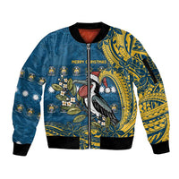 Nauru Christmas Sleeve Zip Bomber Jacket Frigatebird Bird Santa Tribal Waves DT05 Unisex Deep Blue - Polynesian Pride