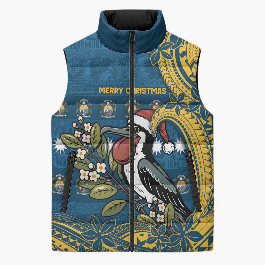 Nauru Christmas Sleeveless Puffer Jacket Frigatebird Bird Santa Tribal Waves DT05 Unisex Deep Blue - Polynesian Pride