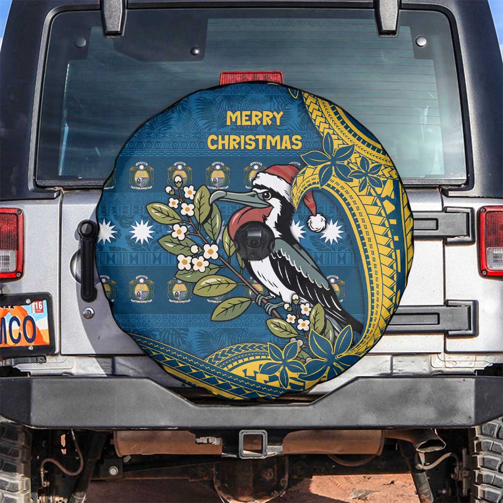 Nauru Christmas Spare Tire Cover Frigatebird Bird Santa Tribal Waves DT05 Deep Blue - Polynesian Pride
