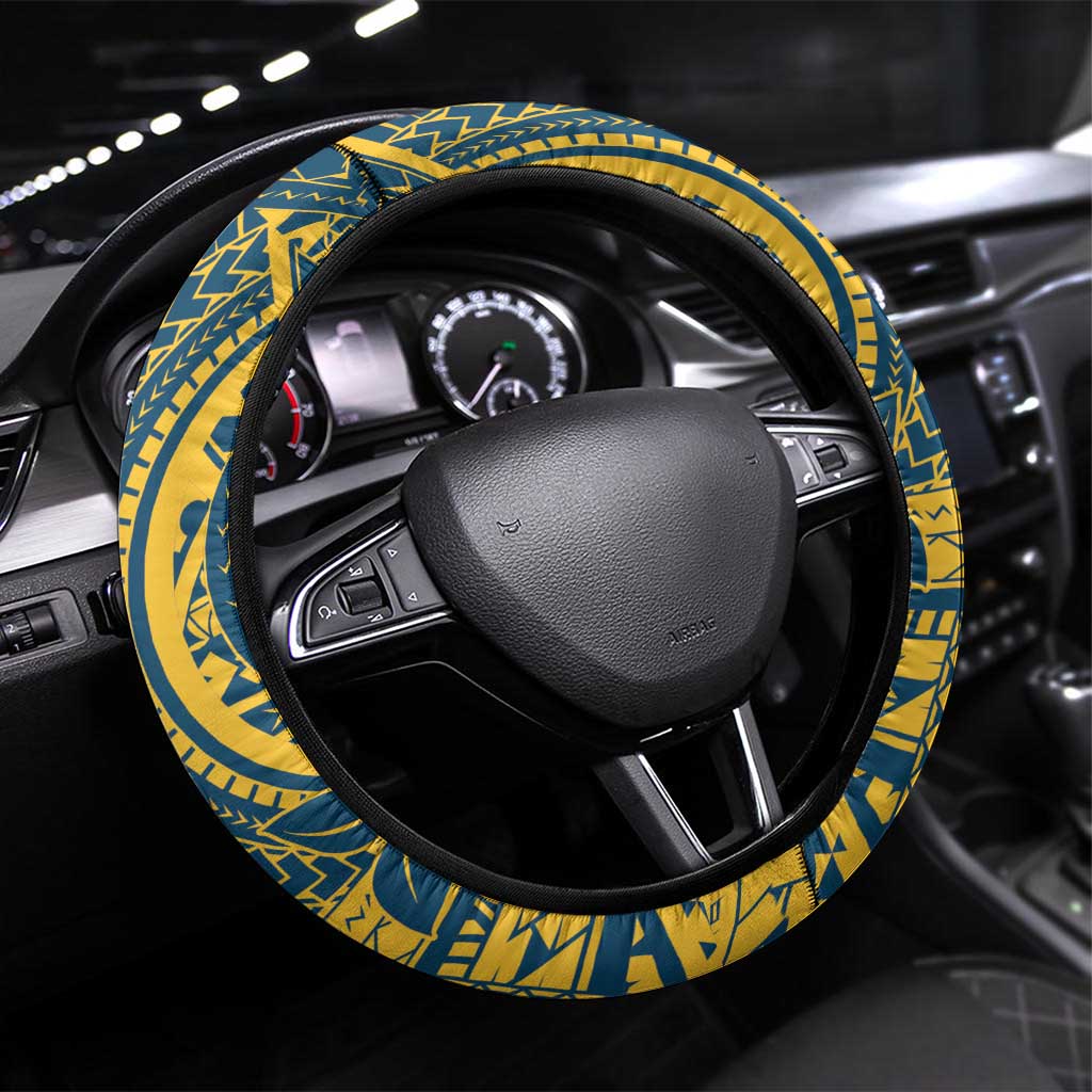 Nauru Christmas Steering Wheel Cover Frigatebird Bird Santa Tribal Waves DT05 Universal Fit Deep Blue - Polynesian Pride