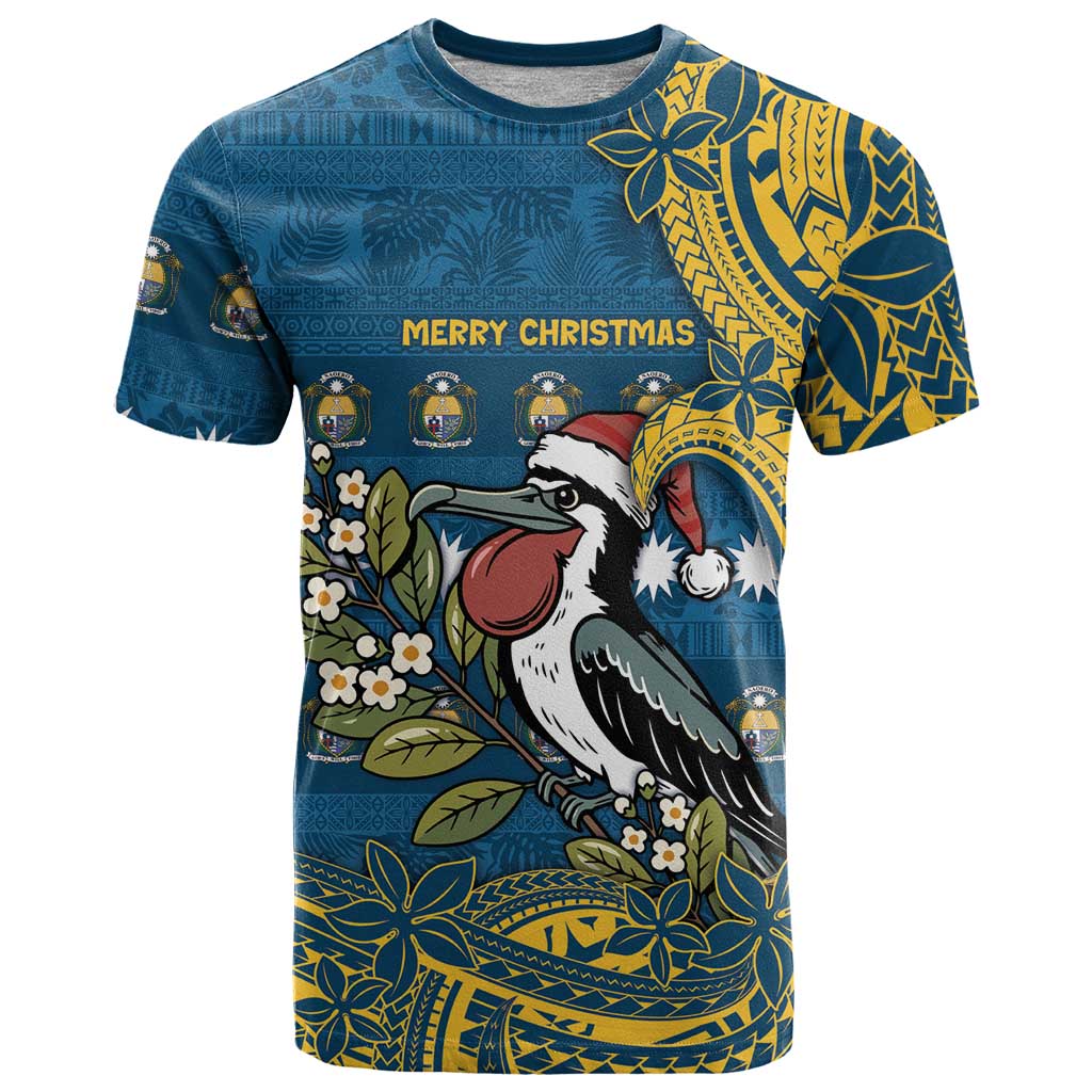 Nauru Christmas T Shirt Frigatebird Bird Santa Tribal Waves DT05 Deep Blue - Polynesian Pride