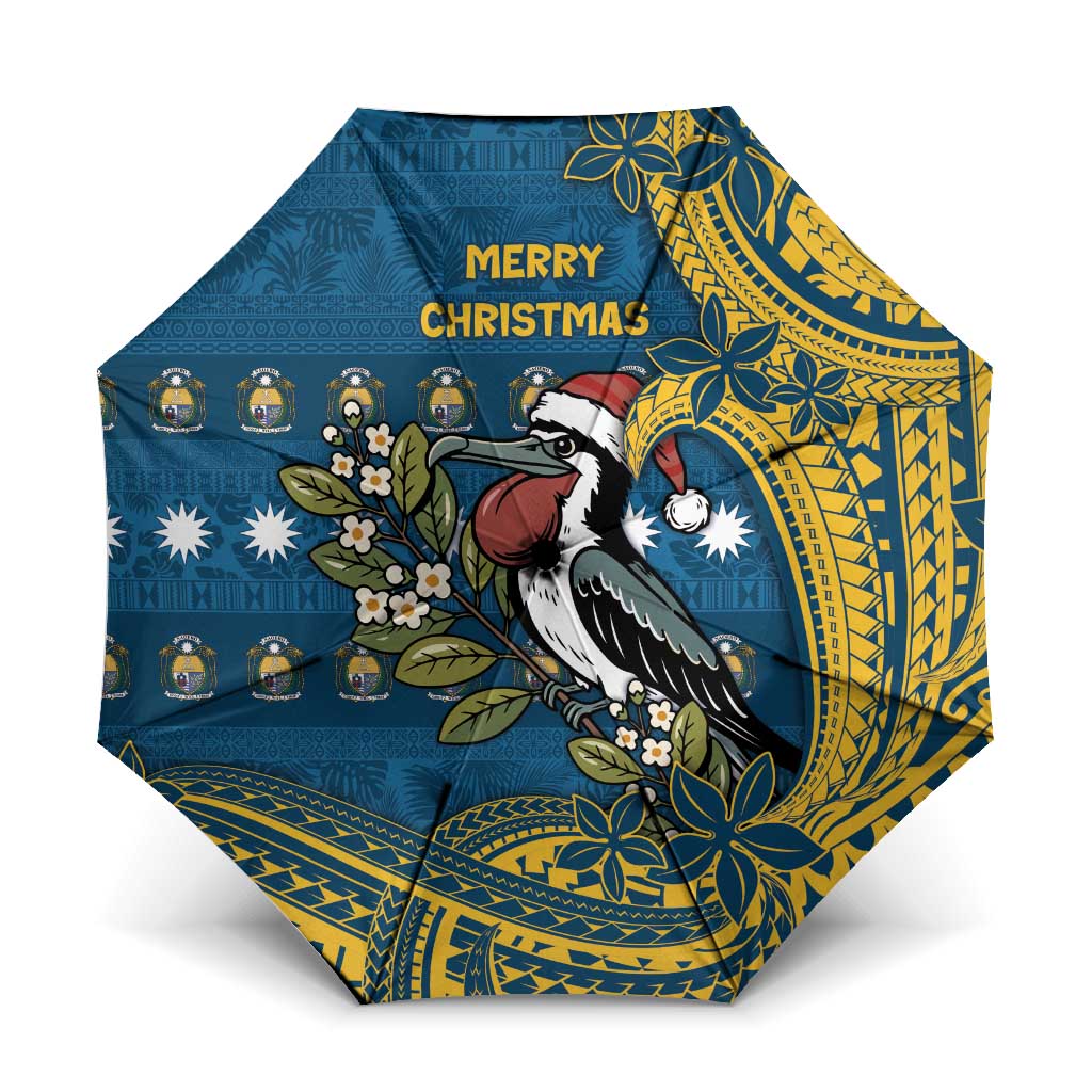 Nauru Christmas Umbrella Frigatebird Bird Santa Tribal Waves DT05 One Size Folded 11.42 inch Opened Diameter 37.4 inch Deep Blue - Polynesian Pride