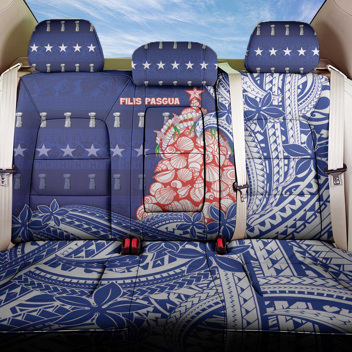 Northern Mariana Islands Christmas Back Car Seat Cover Seashell Xmas Tree Tribal Waves DT05 One Size Navy - Polynesian Pride