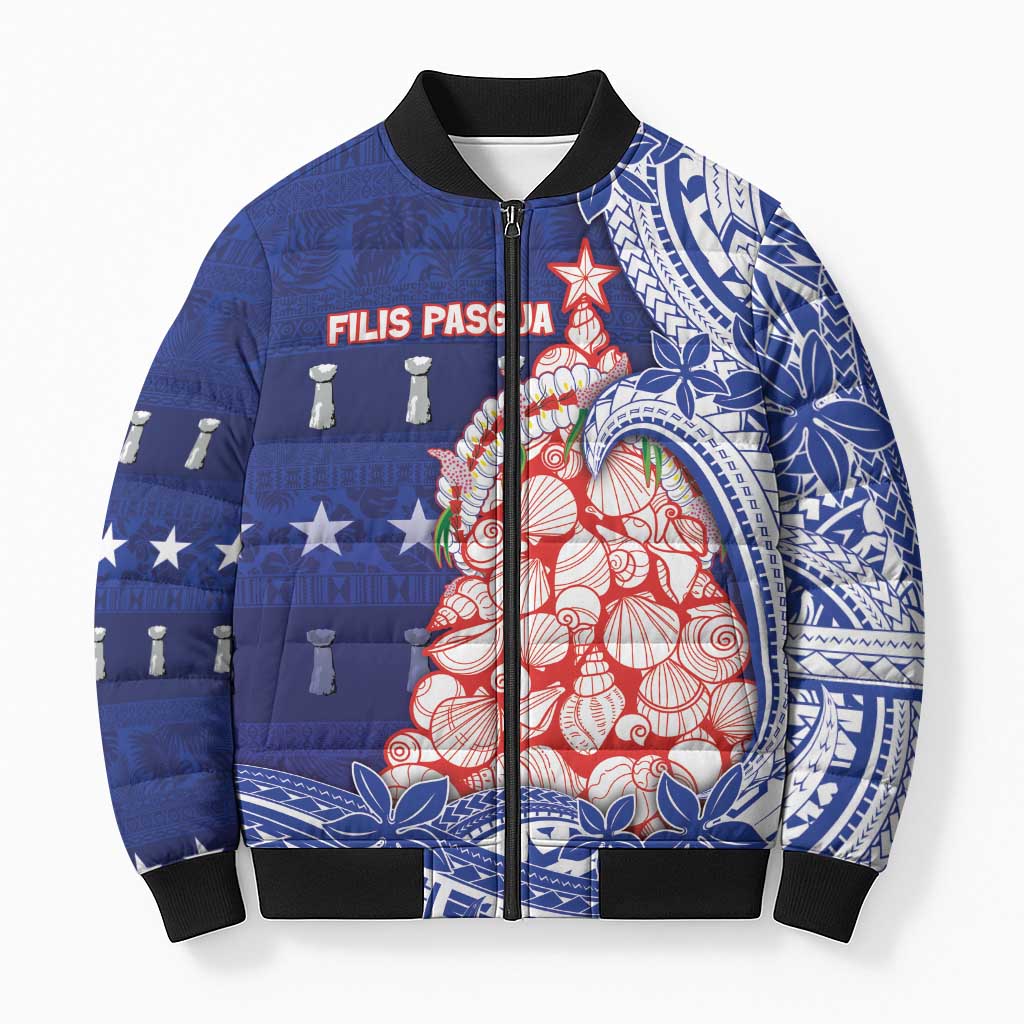 Northern Mariana Islands Christmas Bomber Puffer Jacket Seashell Xmas Tree Tribal Waves DT05 Unisex Navy - Polynesian Pride