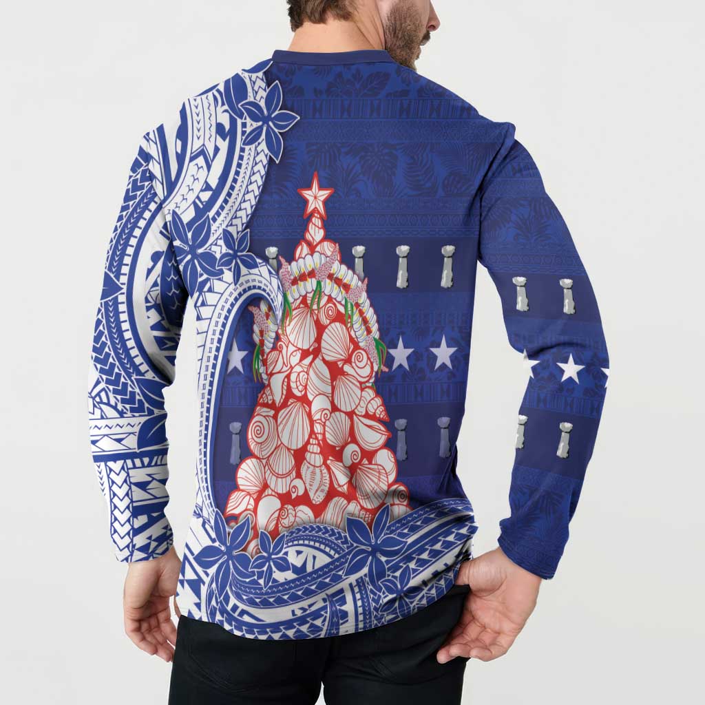 Northern Mariana Islands Christmas Button Sweatshirt Seashell Xmas Tree Tribal Waves DT05 - Polynesian Pride