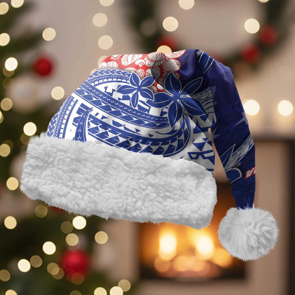 Northern Mariana Islands Christmas Santa Hat Seashell Xmas Tree Tribal Waves DT05 With Fur Navy - Polynesian Pride