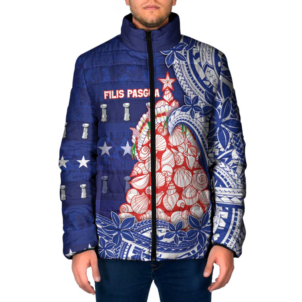 Northern Mariana Islands Christmas Padded Jacket Seashell Xmas Tree Tribal Waves DT05 Men Navy - Polynesian Pride