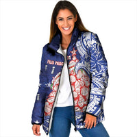 Northern Mariana Islands Christmas Padded Jacket Seashell Xmas Tree Tribal Waves DT05 Women Navy - Polynesian Pride