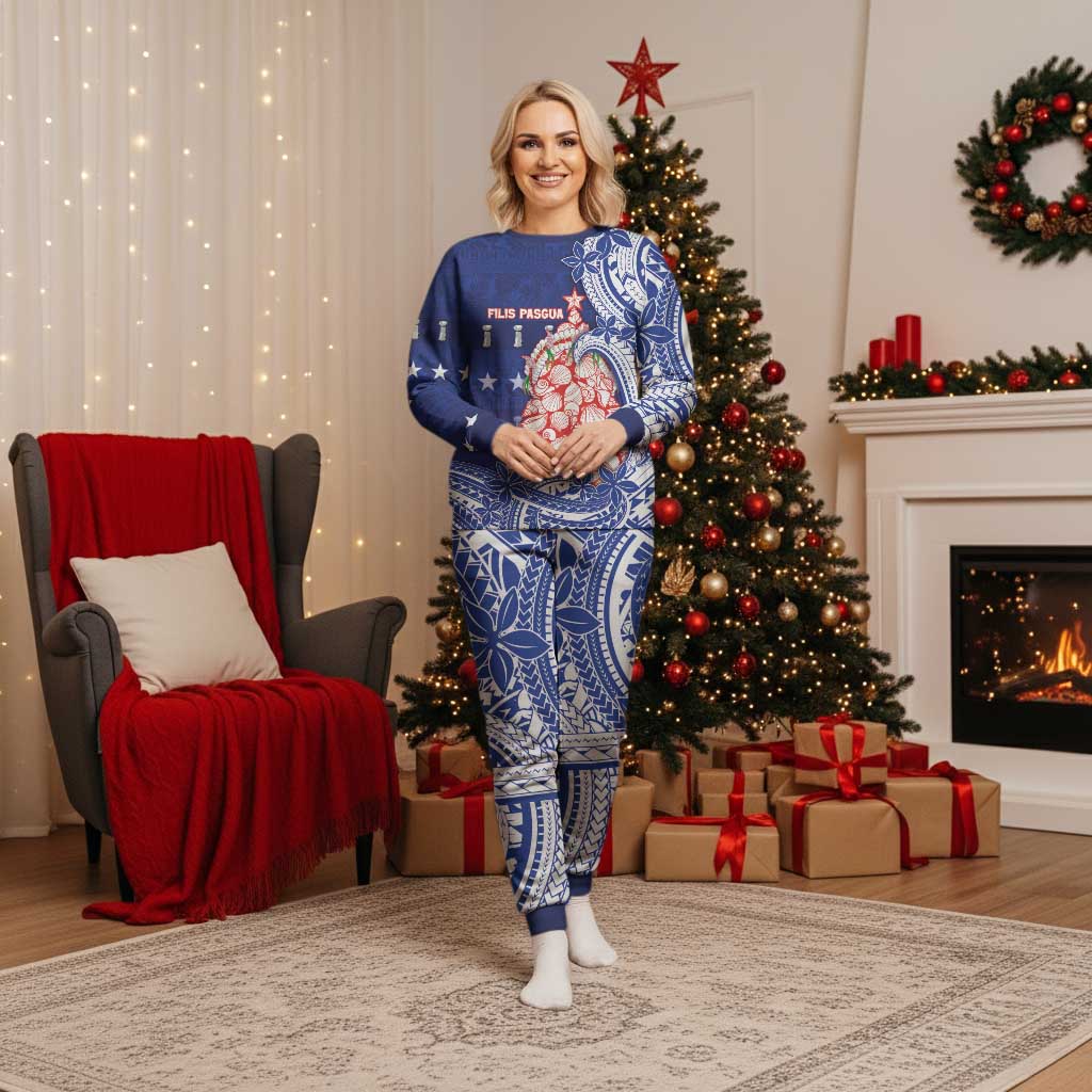 Northern Mariana Islands Christmas Pajama Set Seashell Xmas Tree Tribal Waves DT05 Women Navy - Polynesian Pride