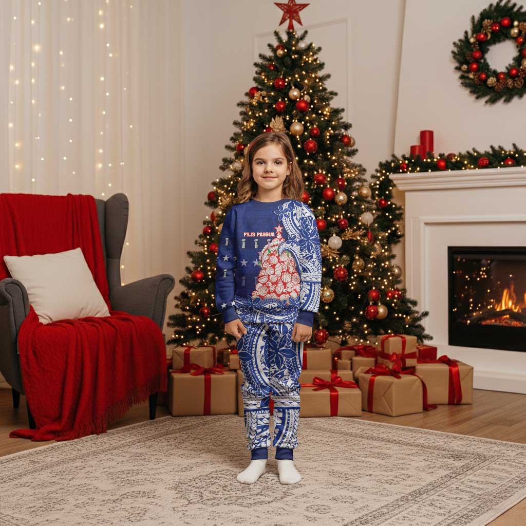 Northern Mariana Islands Christmas Pajama Set Seashell Xmas Tree Tribal Waves DT05 Kid Navy - Polynesian Pride