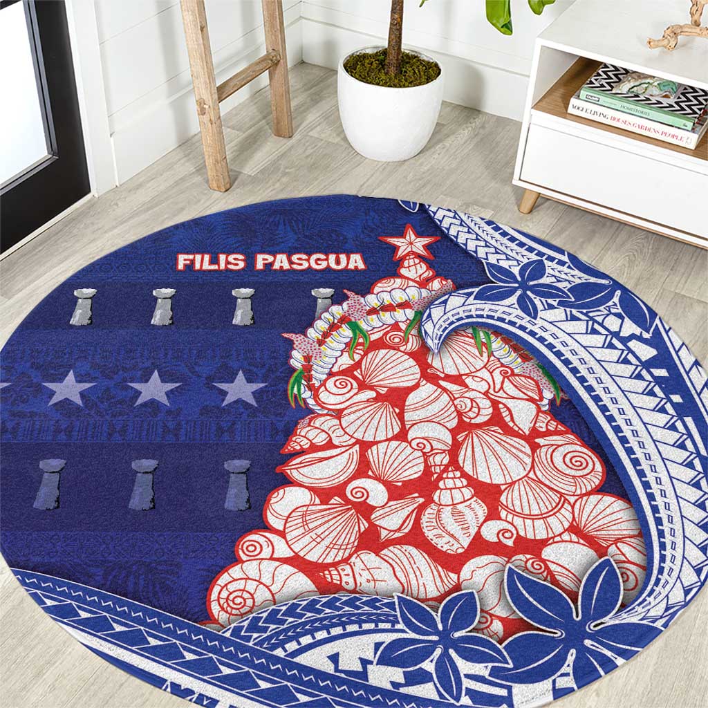 Northern Mariana Islands Christmas Round Carpet Seashell Xmas Tree Tribal Waves DT05 Navy - Polynesian Pride