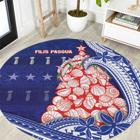 Northern Mariana Islands Christmas Round Carpet Seashell Xmas Tree Tribal Waves DT05 Navy - Polynesian Pride