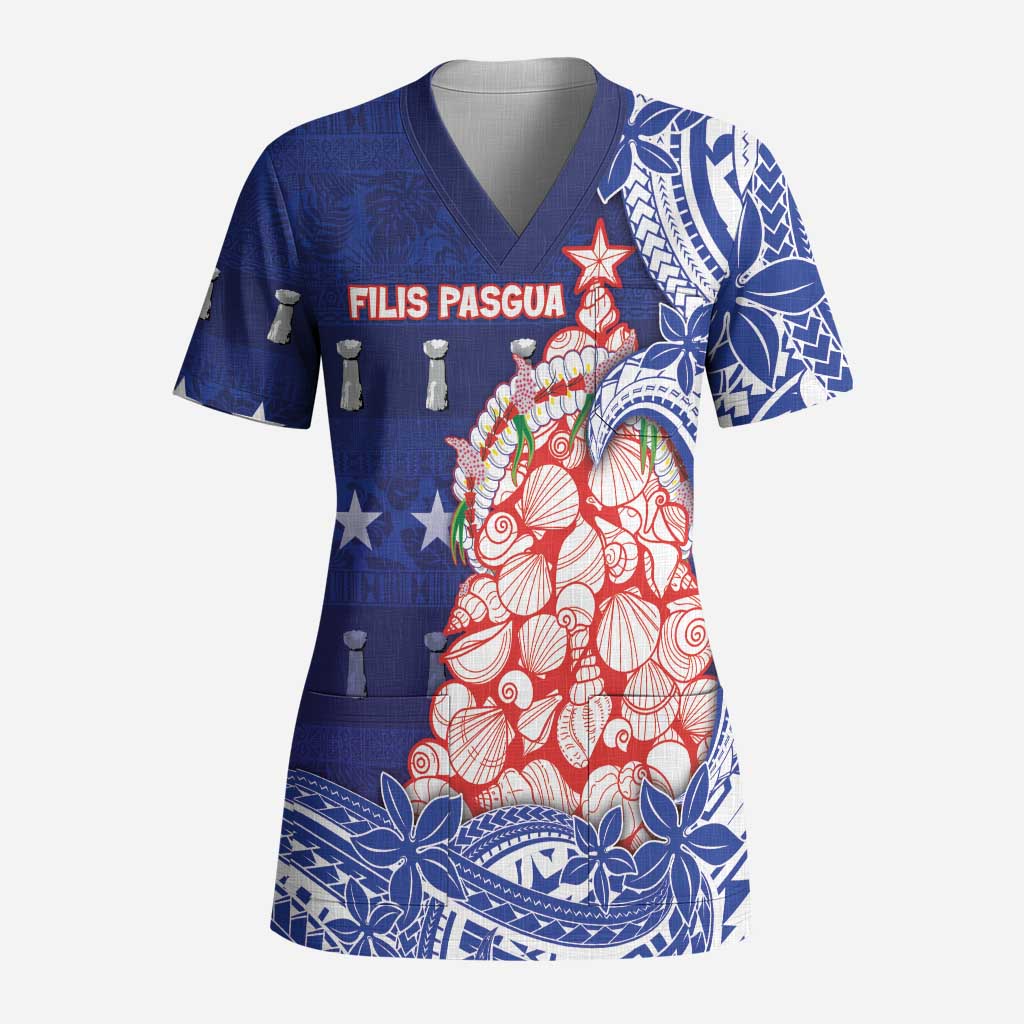 Northern Mariana Islands Christmas Scrub Top Seashell Xmas Tree Tribal Waves DT05 Adult Navy - Polynesian Pride