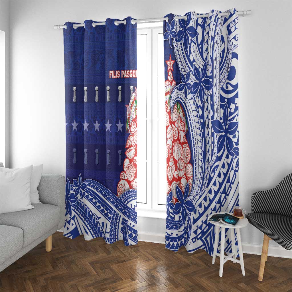 Northern Mariana Islands Christmas Window Curtain Seashell Xmas Tree Tribal Waves DT05 With Grommets Navy - Polynesian Pride