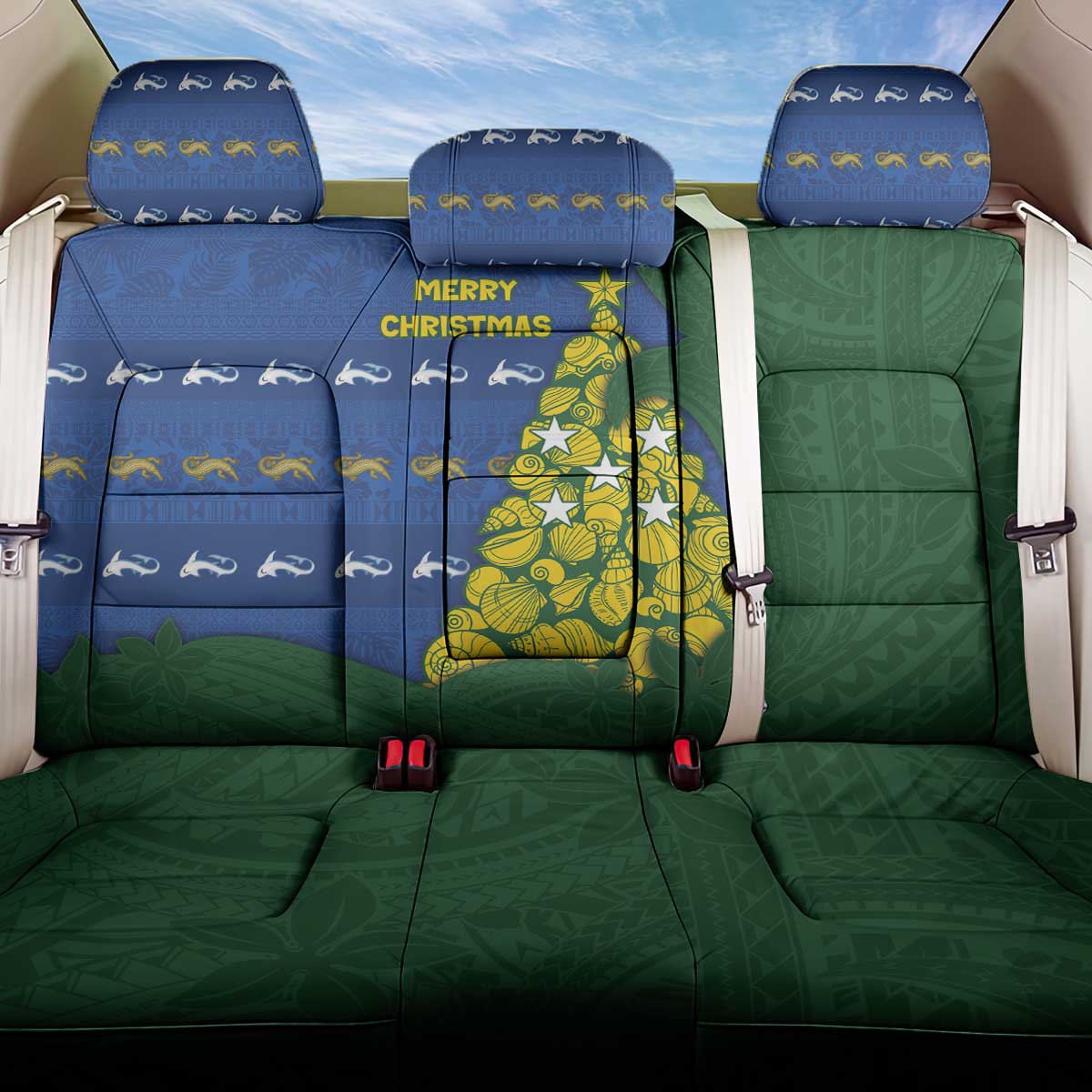 Solomon Islands Christmas Back Car Seat Cover Seashell Xmas Tree Tribal Waves DT05 One Size Navy - Polynesian Pride