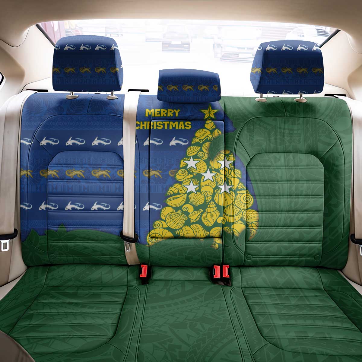 Solomon Islands Christmas Back Car Seat Cover Seashell Xmas Tree Tribal Waves DT05 - Polynesian Pride