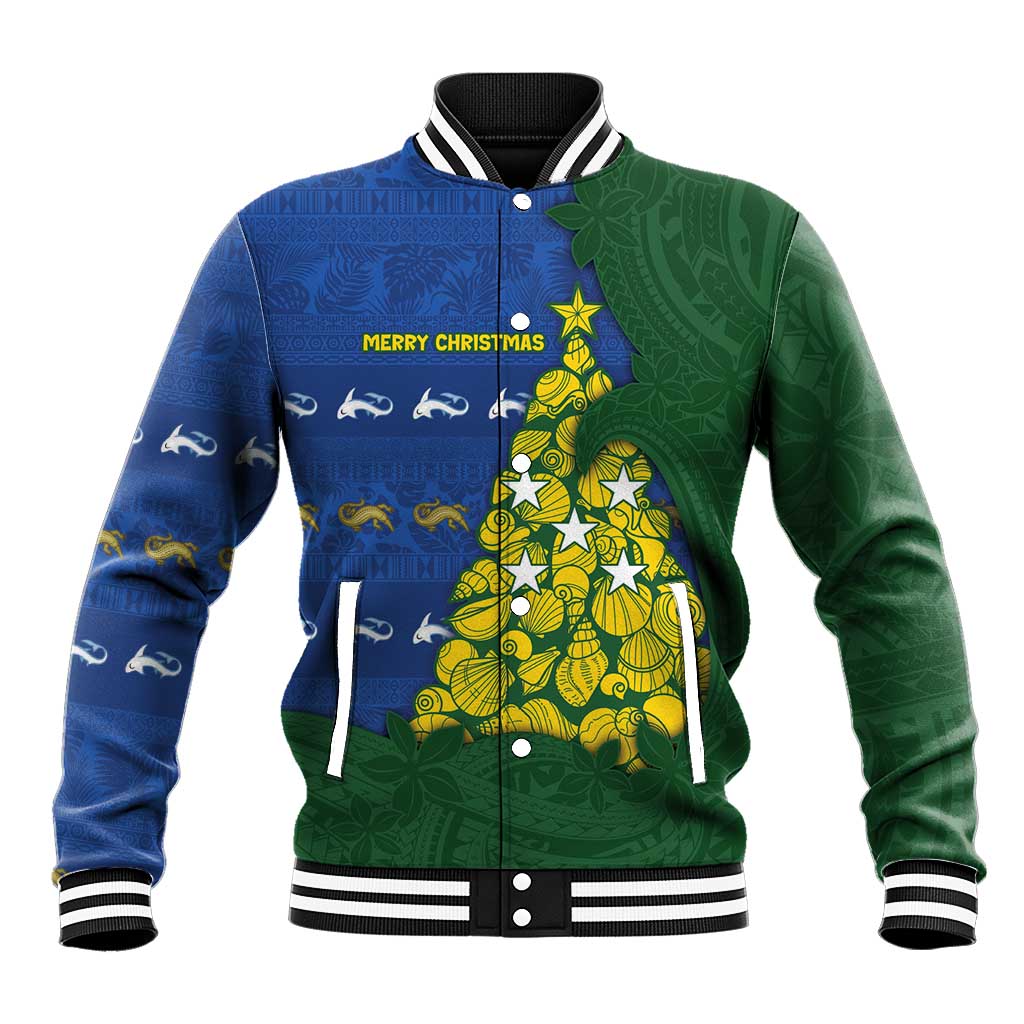 Solomon Islands Christmas Baseball Jacket Seashell Xmas Tree Tribal Waves DT05 Unisex Navy - Polynesian Pride