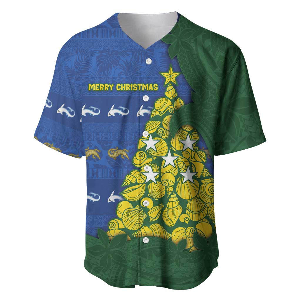 Solomon Islands Christmas Baseball Jersey Seashell Xmas Tree Tribal Waves DT05 Navy - Polynesian Pride