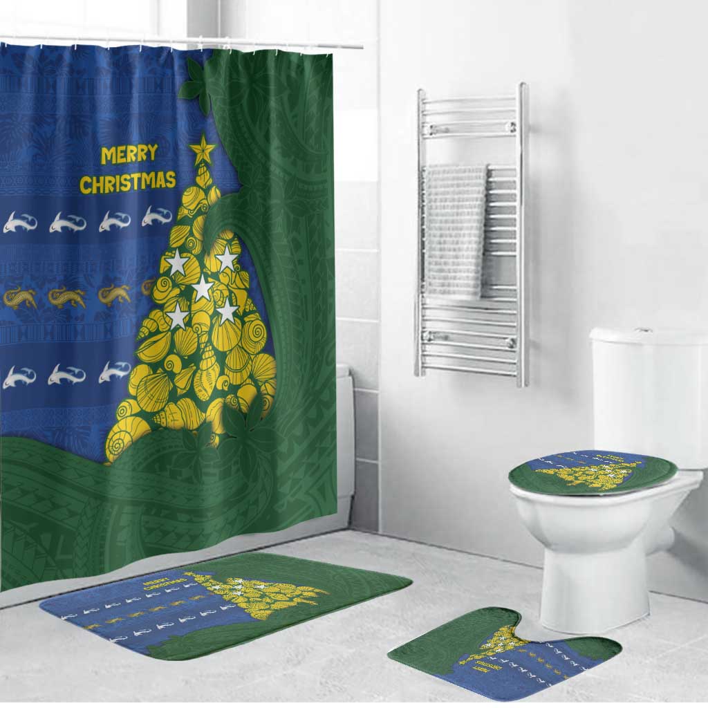 Solomon Islands Christmas Bathroom Set Seashell Xmas Tree Tribal Waves DT05 Bathroom Set (4 pcs) Navy - Polynesian Pride