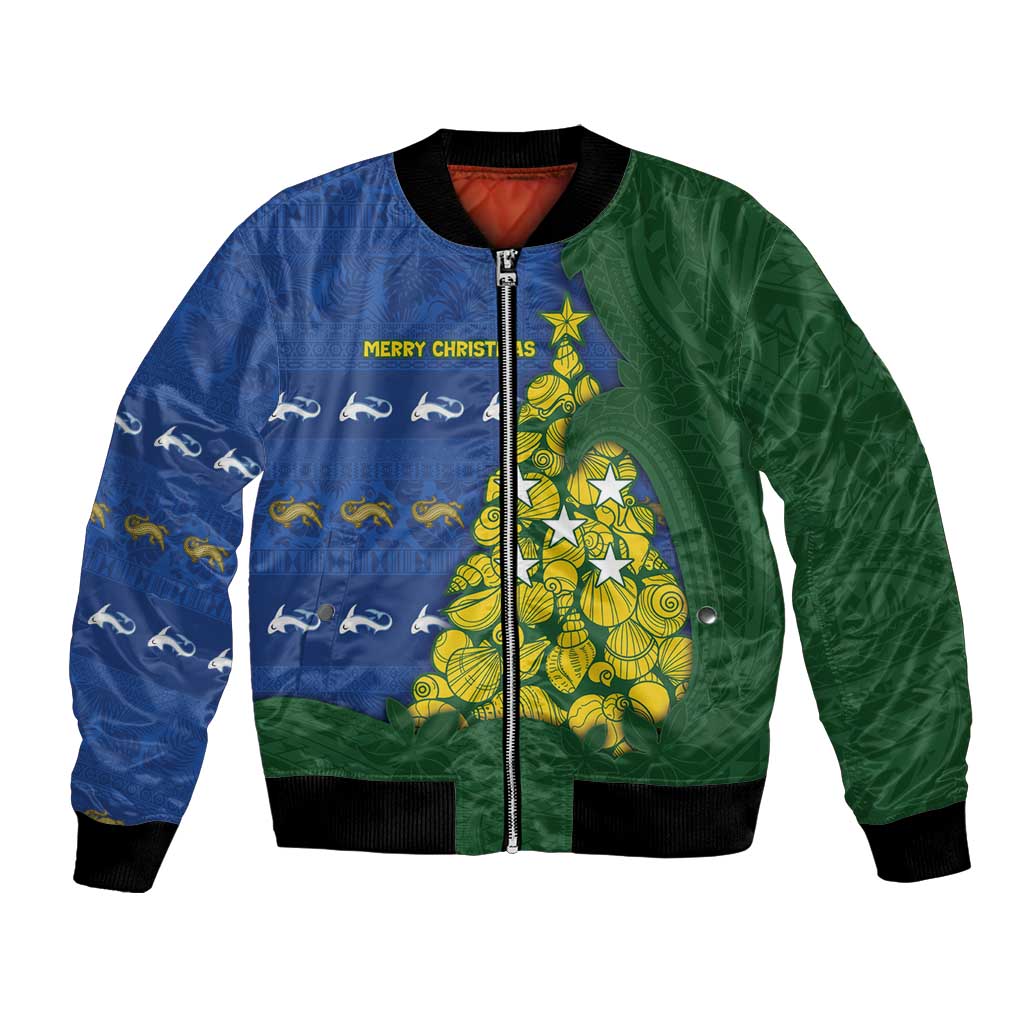 Solomon Islands Christmas Bomber Jacket Seashell Xmas Tree Tribal Waves DT05 Unisex Navy - Polynesian Pride