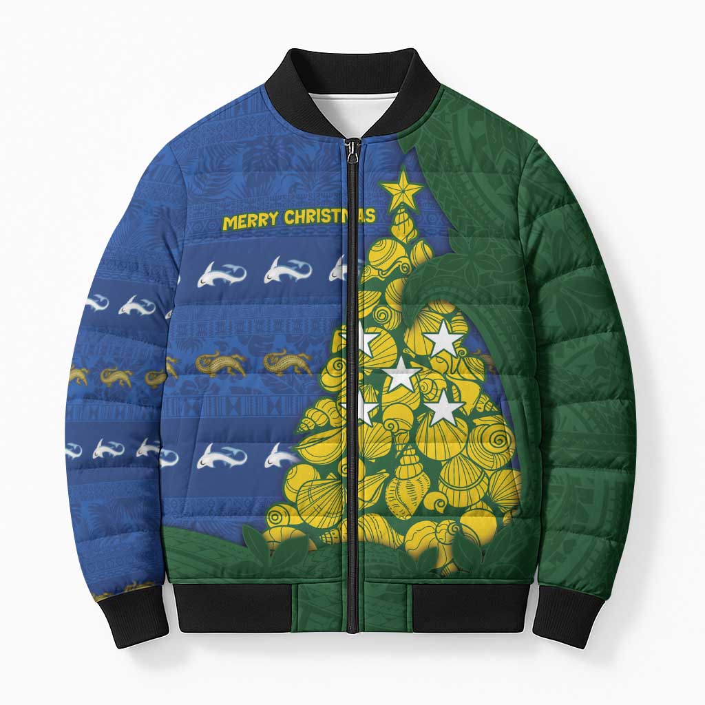 Solomon Islands Christmas Bomber Puffer Jacket Seashell Xmas Tree Tribal Waves DT05 Unisex Navy - Polynesian Pride