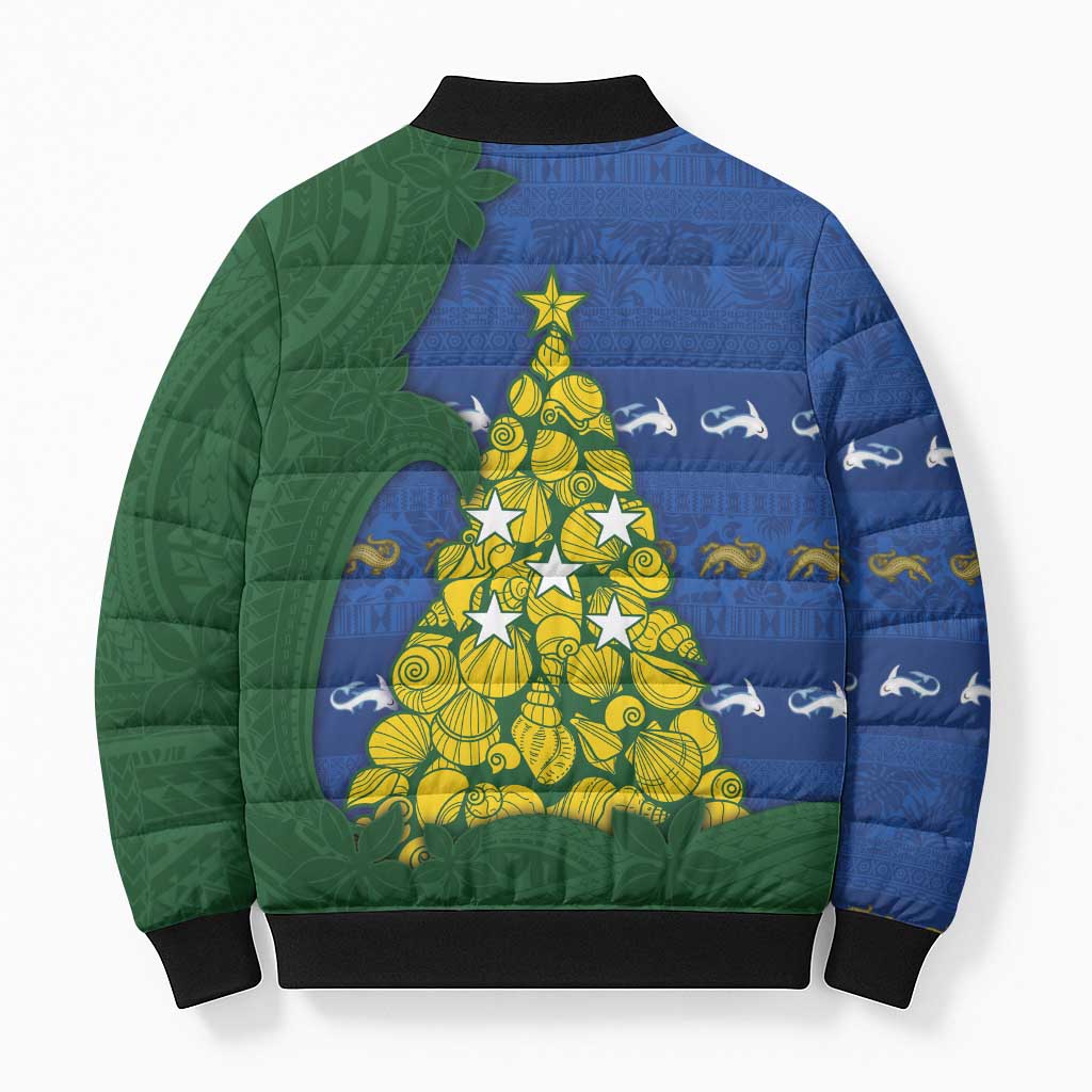 Solomon Islands Christmas Bomber Puffer Jacket Seashell Xmas Tree Tribal Waves DT05 - Polynesian Pride