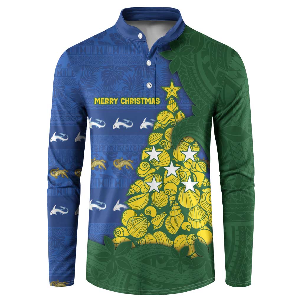 Solomon Islands Christmas Button Sweatshirt Seashell Xmas Tree Tribal Waves DT05 Navy - Polynesian Pride