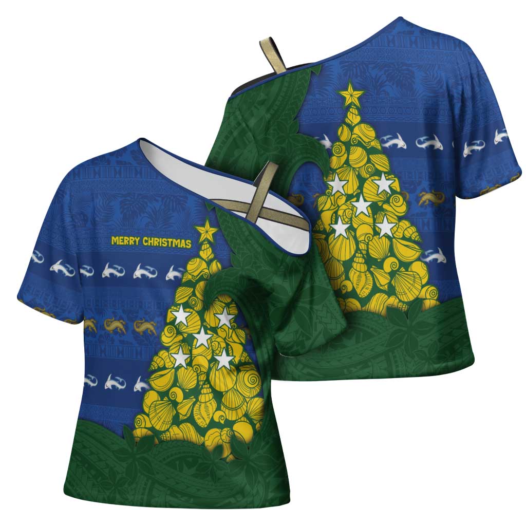 Solomon Islands Christmas Cross Shoulder Shirt Seashell Xmas Tree Tribal Waves DT05 - Polynesian Pride