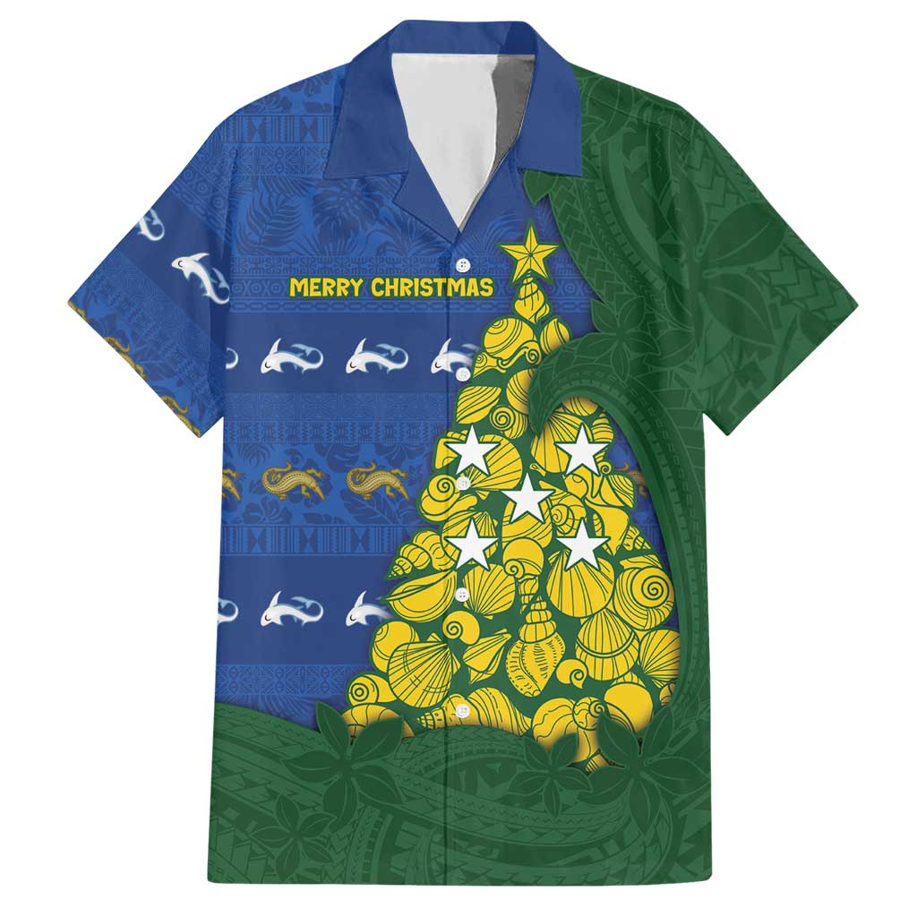 Solomon Islands Christmas Hawaiian Shirt Seashell Xmas Tree Tribal Waves DT05 Navy - Polynesian Pride
