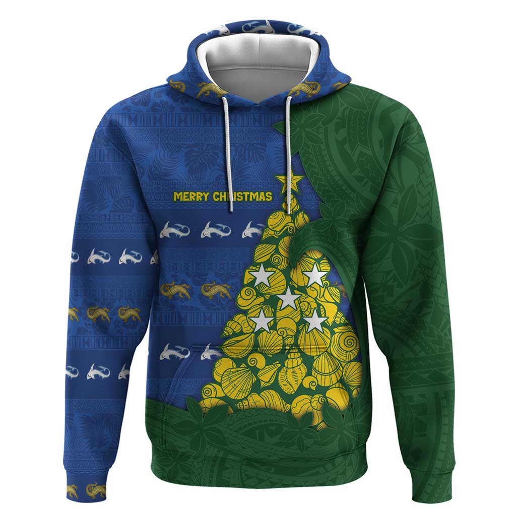 Solomon Islands Christmas Hoodie Seashell Xmas Tree Tribal Waves DT05 Pullover Hoodie Navy - Polynesian Pride