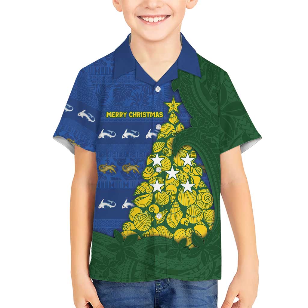 Solomon Islands Christmas Kid Hawaiian Shirt Seashell Xmas Tree Tribal Waves DT05 Kid Navy - Polynesian Pride