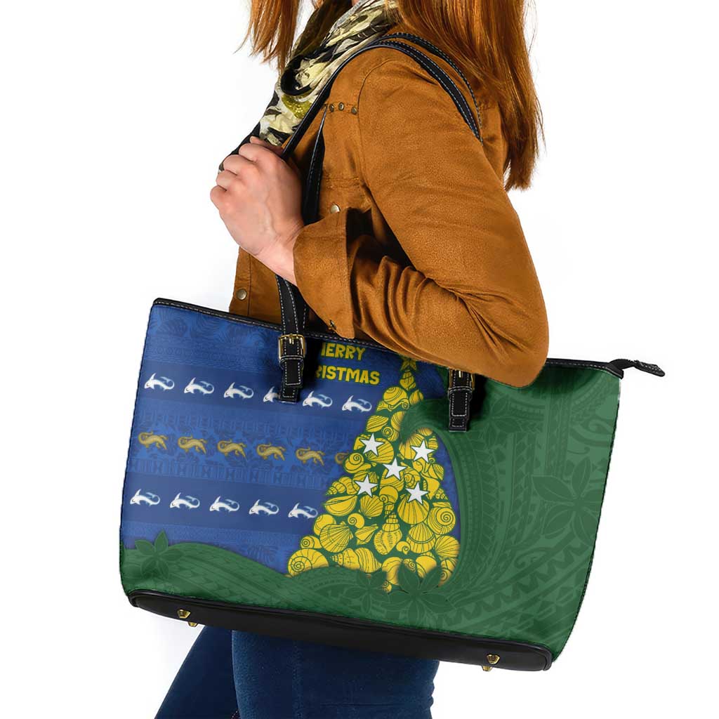Solomon Islands Christmas Leather Tote Bag Seashell Xmas Tree Tribal Waves DT05 Navy - Polynesian Pride