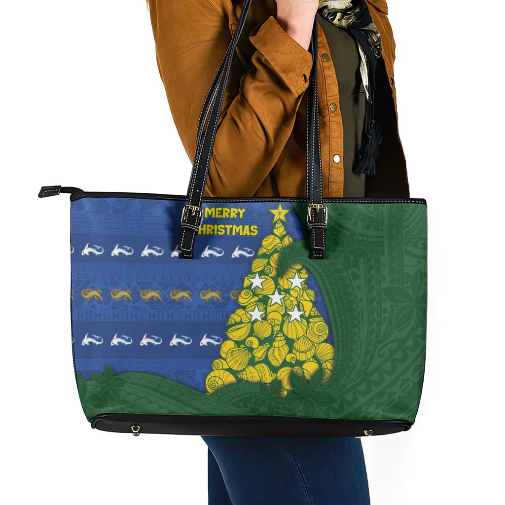 Solomon Islands Christmas Leather Tote Bag Seashell Xmas Tree Tribal Waves DT05 - Polynesian Pride