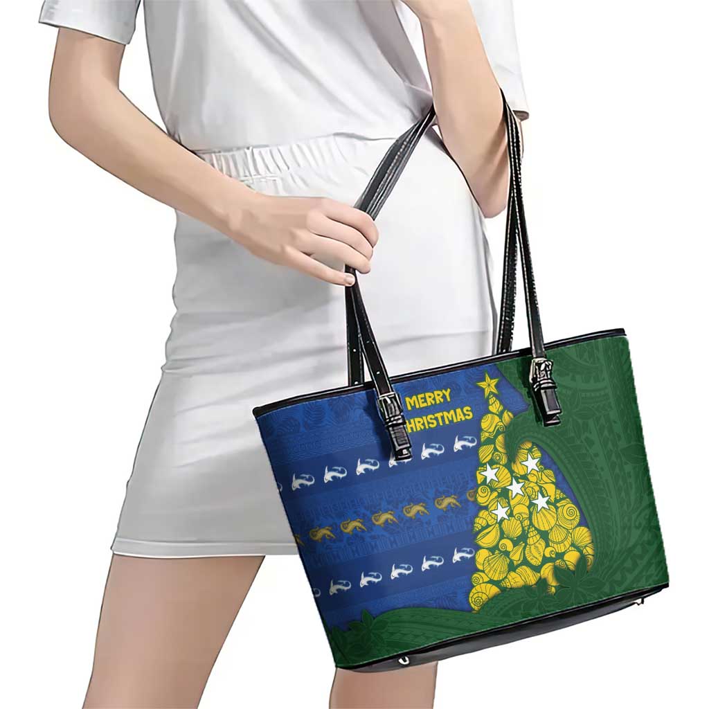 Solomon Islands Christmas Leather Tote Bag Seashell Xmas Tree Tribal Waves DT05 - Polynesian Pride